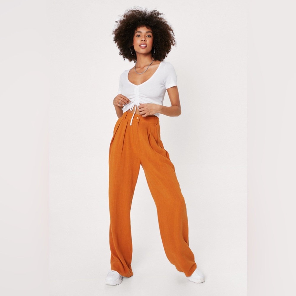 Nasty Gal Pleat Front Wide Leg Linen Look Pants